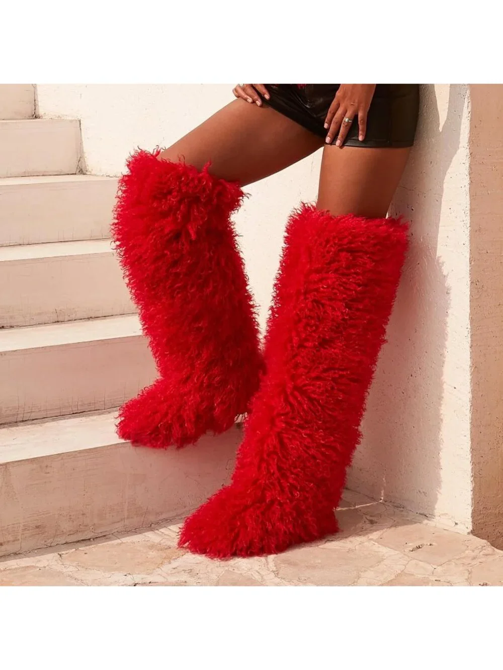 Women's Hot Red Shaggy Faux Furry Fuzzy Fluffy Flat Knee-High Slouchy Snow Boot